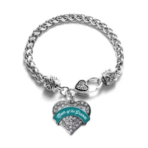 Silver Dark Teal Mom of Groom Pave Heart Charm Braided Bracelet