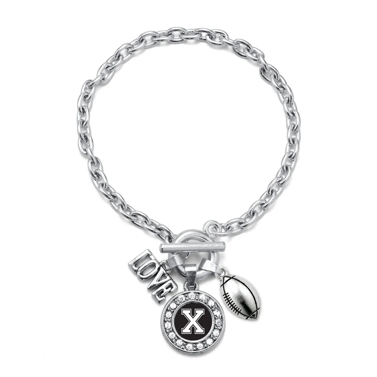 Silver Football - Sports Initial X Circle Charm Toggle Bracelet