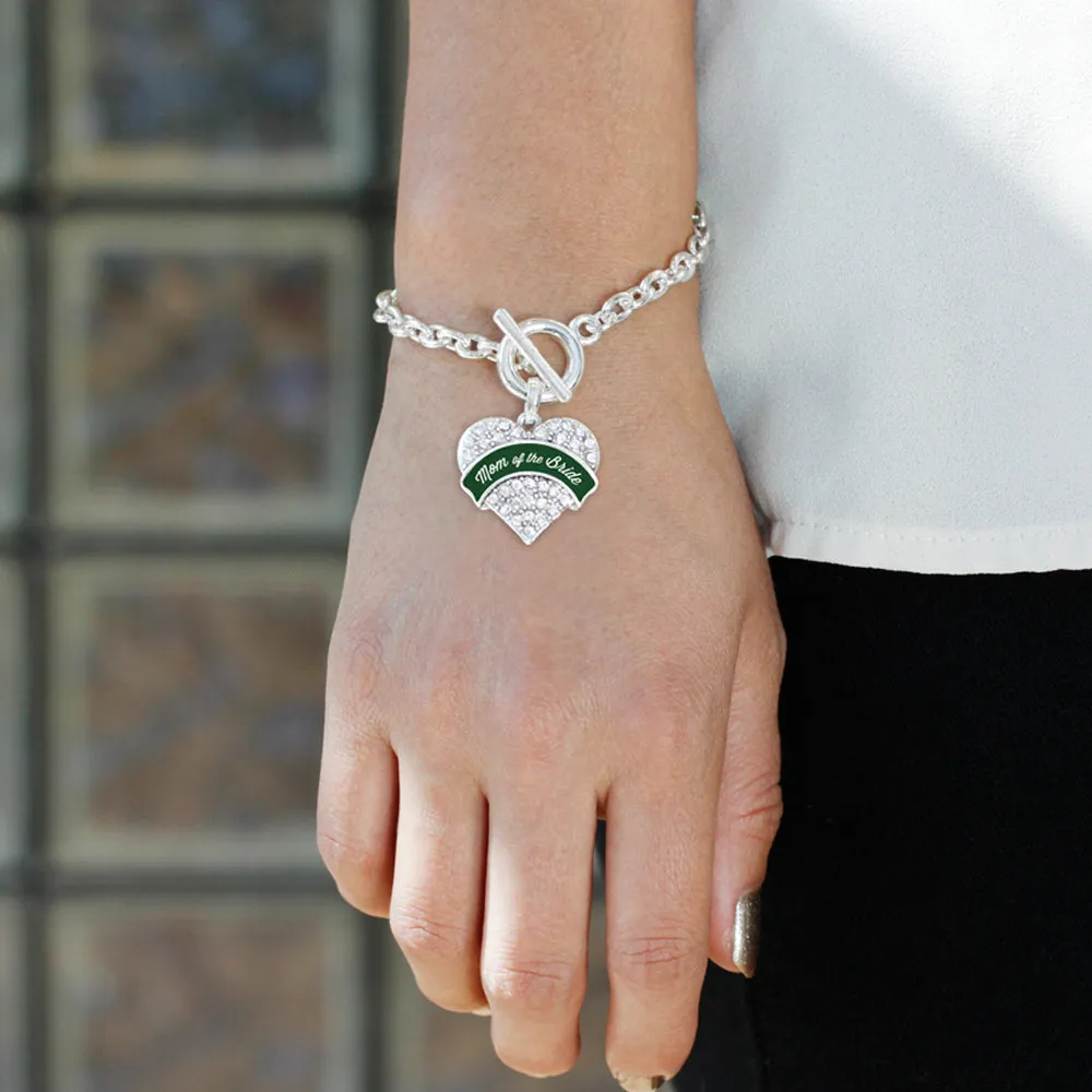 Silver Forest Green Mom of Bride Pave Heart Charm Toggle Bracelet