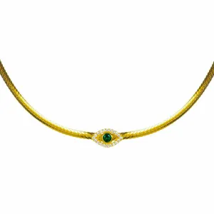 Silver gold plated herringbone green eye choker