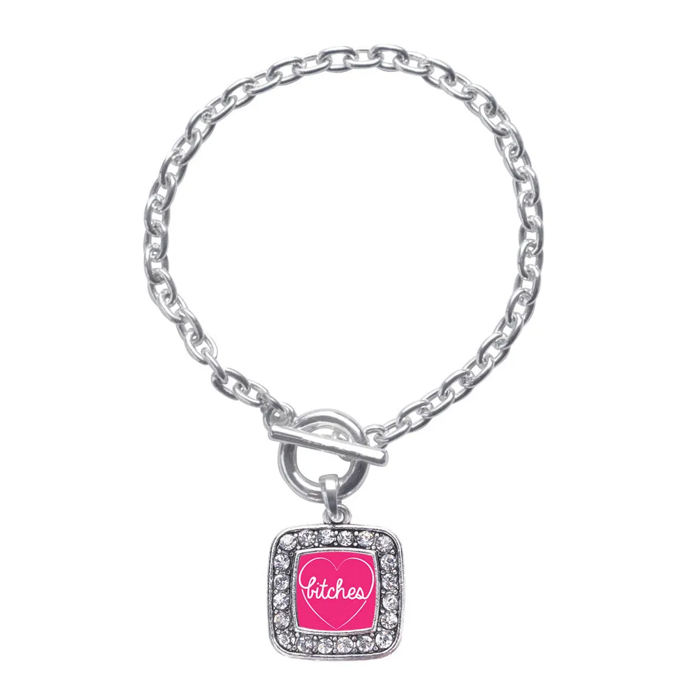 Silver Heart Bitches Square Charm Toggle Bracelet