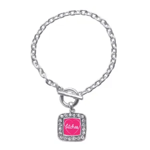 Silver Heart Bitches Square Charm Toggle Bracelet