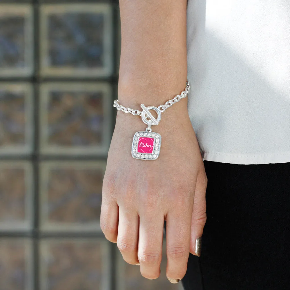 Silver Heart Bitches Square Charm Toggle Bracelet