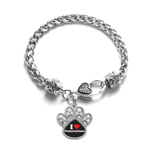 Silver I Love Pomeranians Pave Paw Charm Braided Bracelet