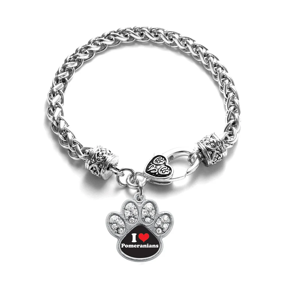 Silver I Love Pomeranians Pave Paw Charm Braided Bracelet