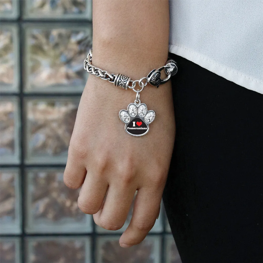 Silver I Love Pomeranians Pave Paw Charm Braided Bracelet
