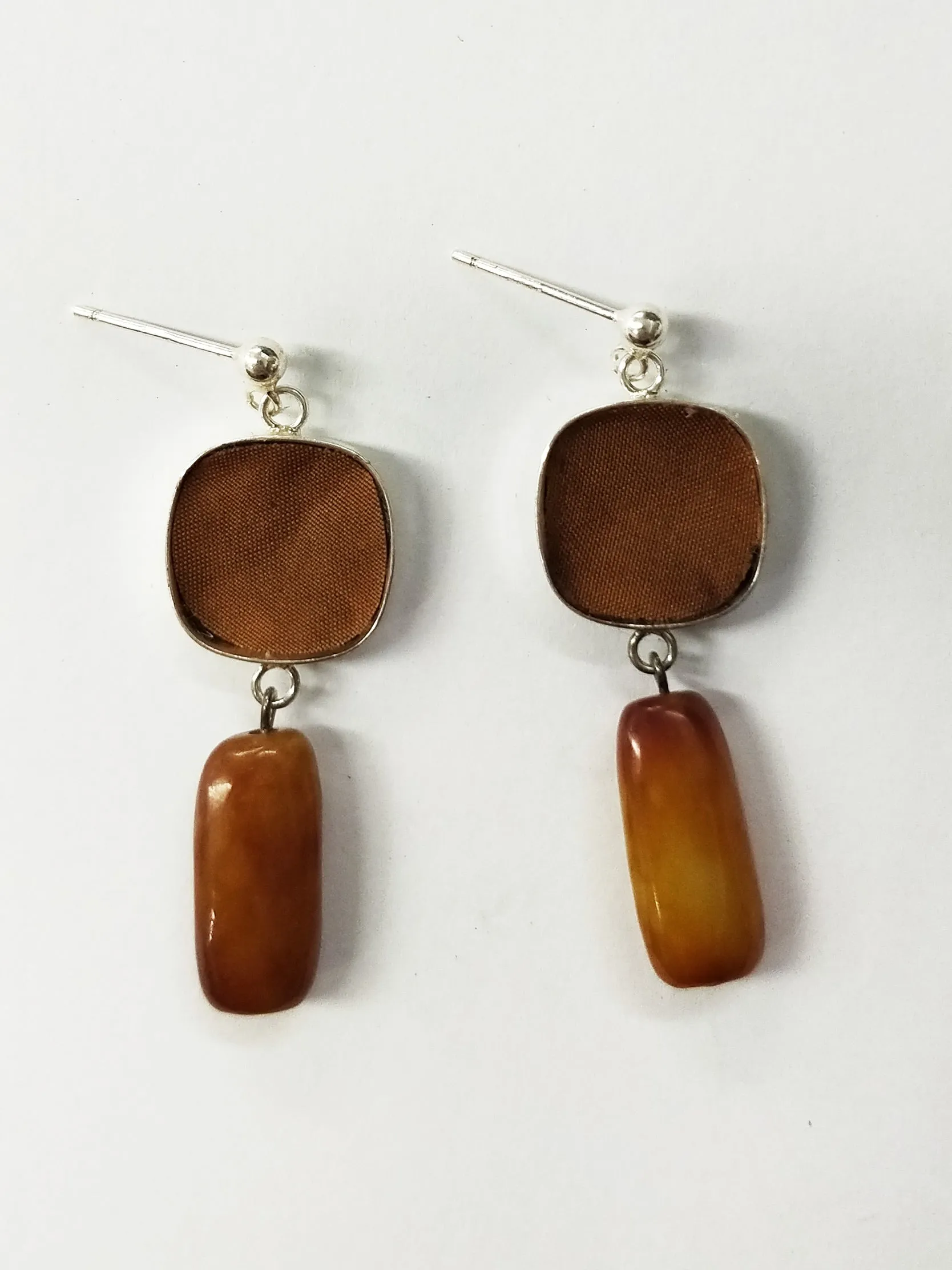 Silver Jade Earrings with Gambiered Silk Inlay