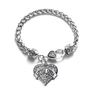 Silver Little Sista Pave Heart Charm Braided Bracelet