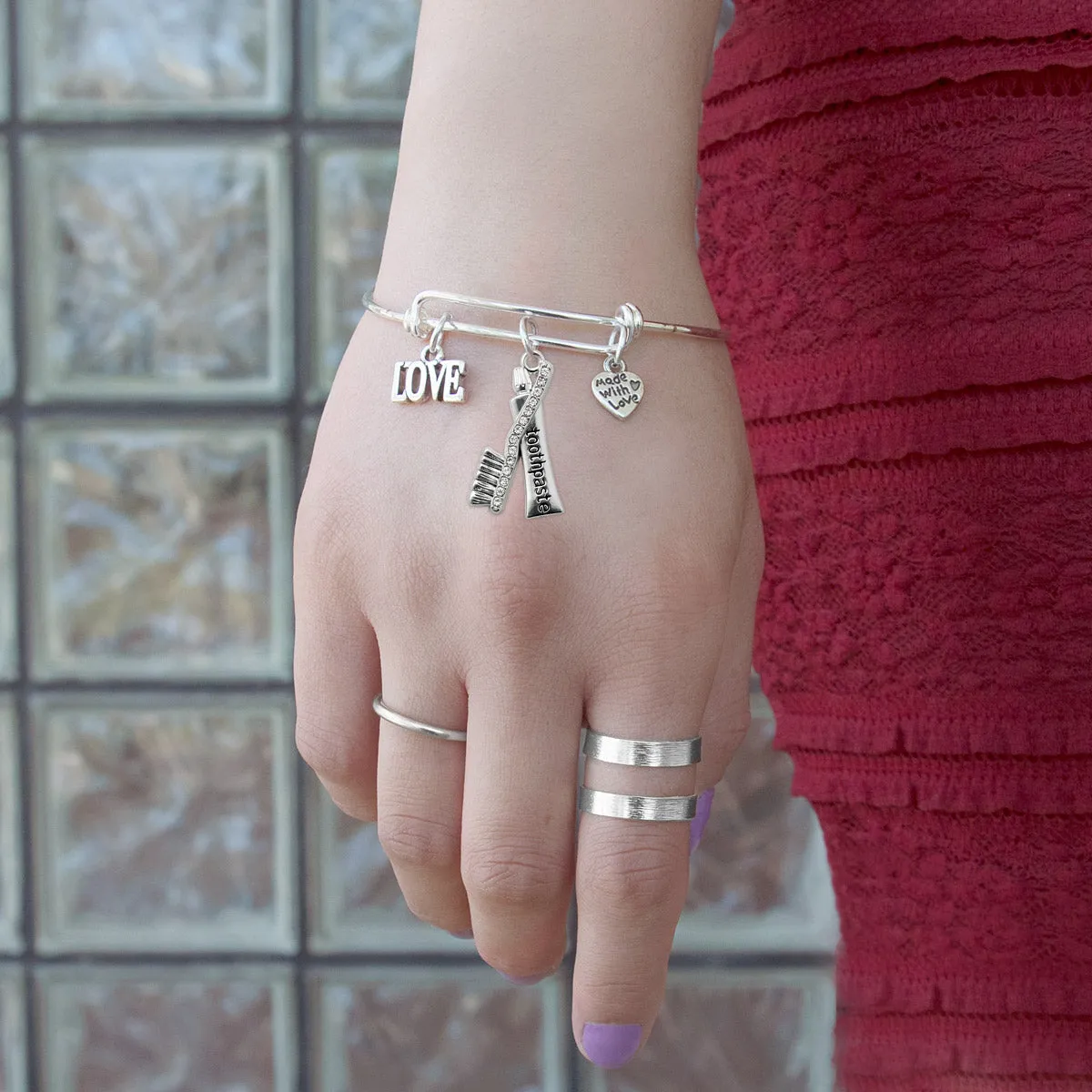 Silver Love Dental Charm Wire Bangle Bracelet