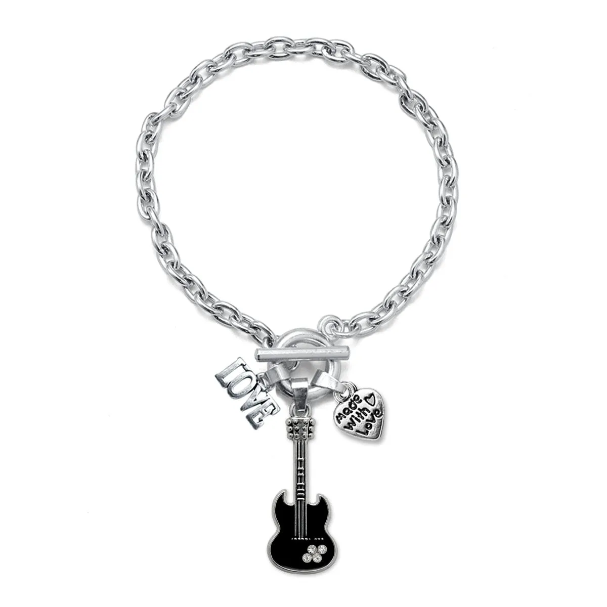 Silver Love Guitar Charm Toggle Bracelet