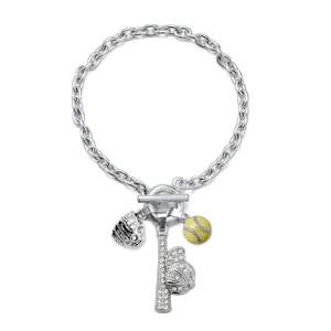 Silver Love Hat and Bat Softball Glove Charm Toggle Bracelet