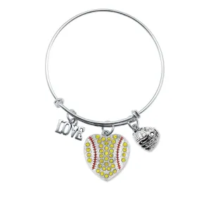 Silver Love Softball Heart Glove Charm Wire Bangle Bracelet