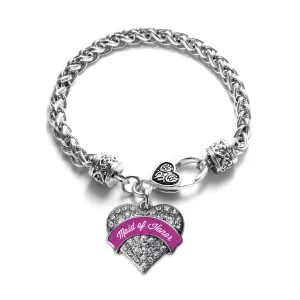 Silver Magenta Maid of Honor Pave Heart Charm Braided Bracelet