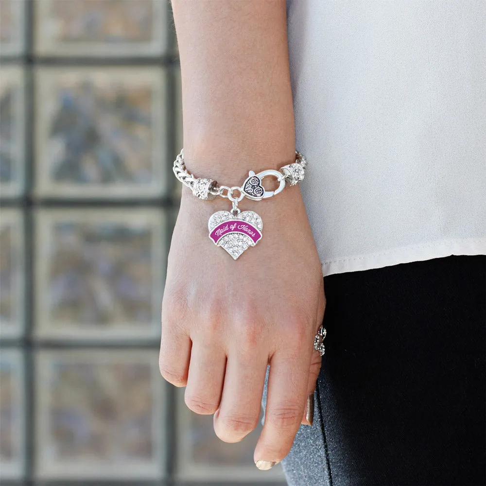 Silver Magenta Maid of Honor Pave Heart Charm Braided Bracelet