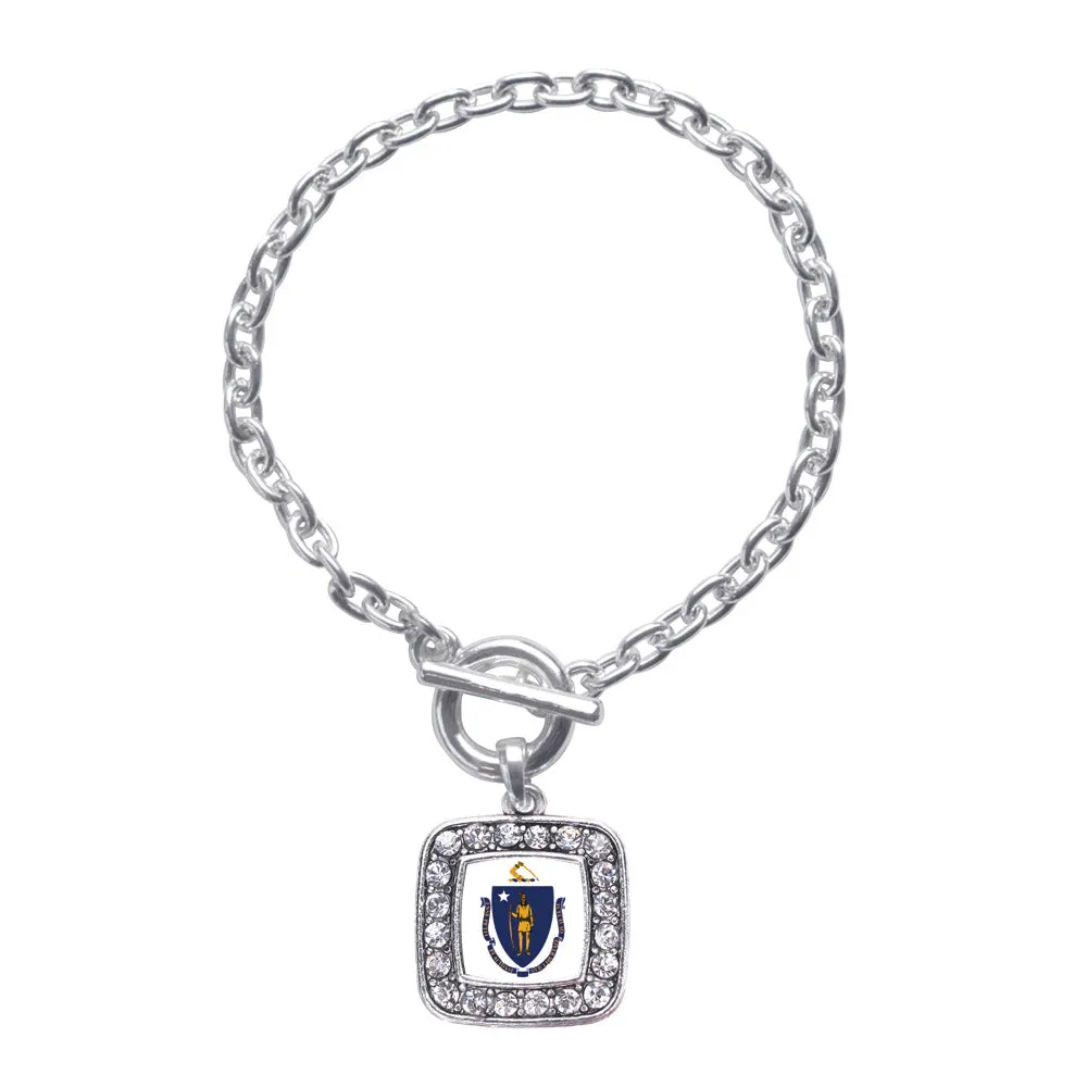 Silver Massachusetts Flag Square Charm Toggle Bracelet
