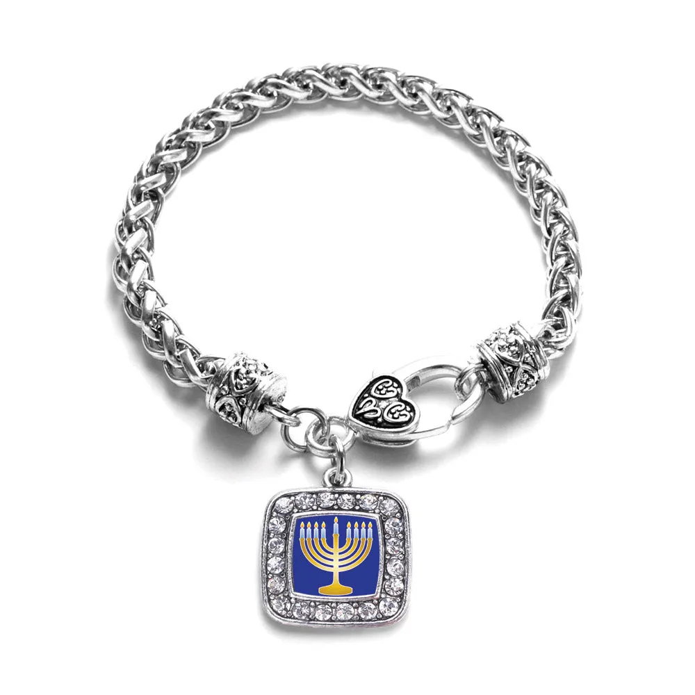 Silver Menorah Square Charm Braided Bracelet