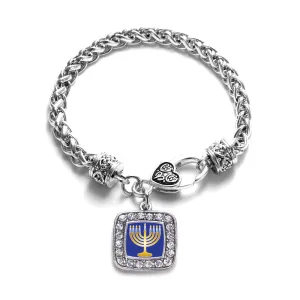 Silver Menorah Square Charm Braided Bracelet