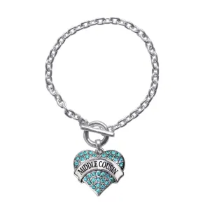 Silver Middle Cousin Aqua Aqua Pave Heart Charm Toggle Bracelet