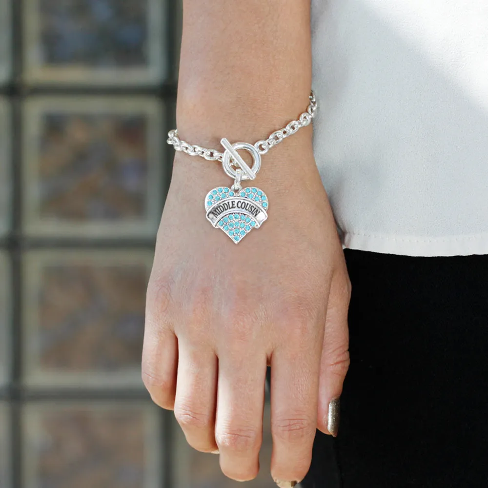 Silver Middle Cousin Aqua Aqua Pave Heart Charm Toggle Bracelet