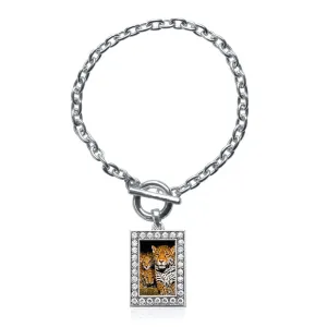 Silver Momma Jaguar and Cubs Rectangle Charm Toggle Bracelet