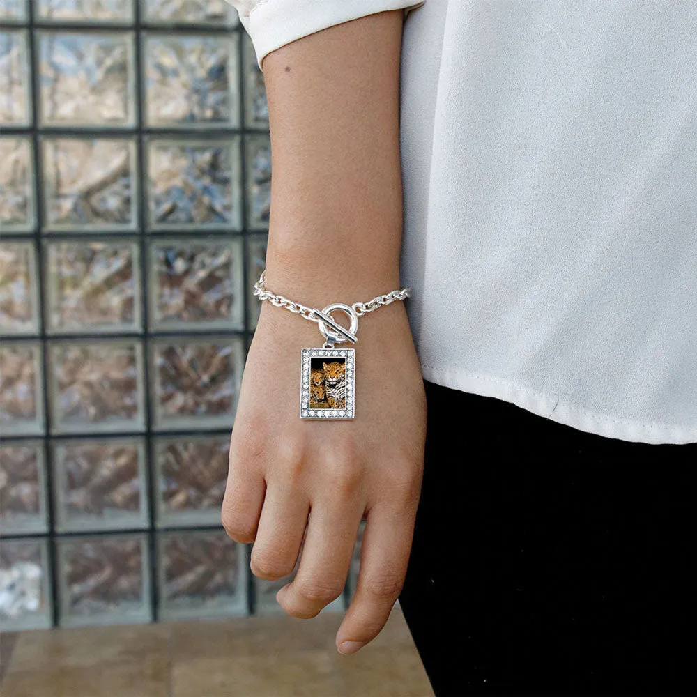 Silver Momma Jaguar and Cubs Rectangle Charm Toggle Bracelet
