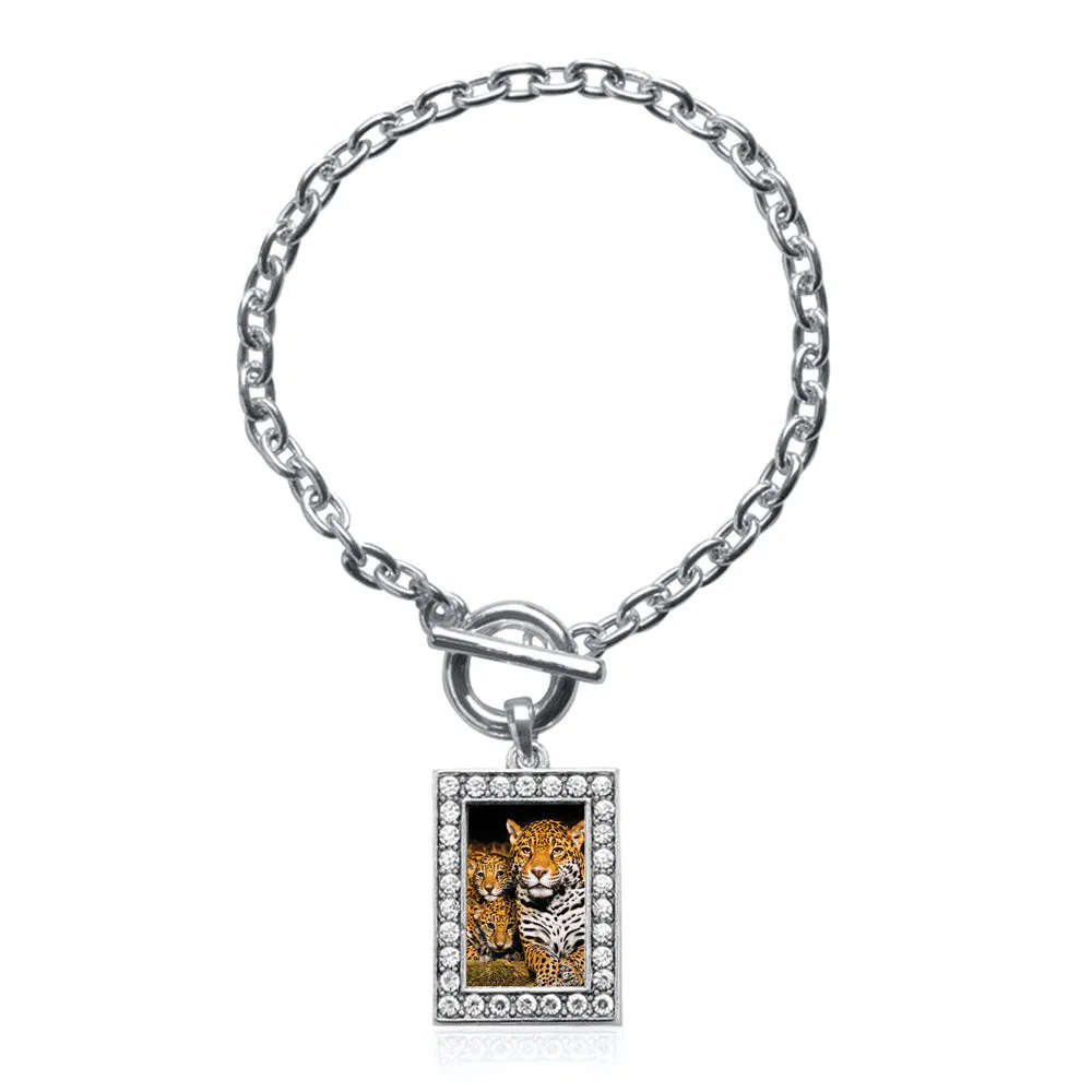 Silver Momma Jaguar and Cubs Rectangle Charm Toggle Bracelet
