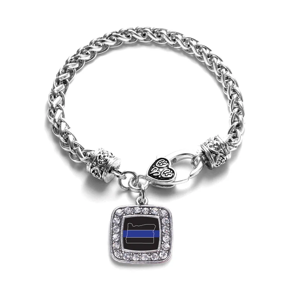 Silver Oregon Thin Blue Line Square Charm Braided Bracelet