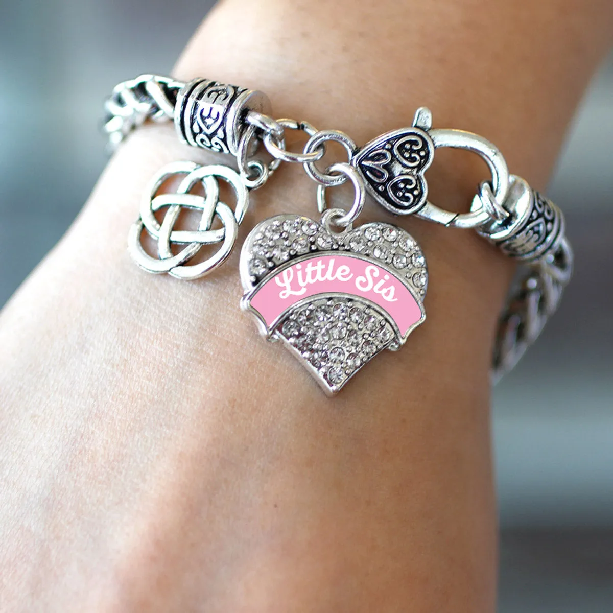 Silver Pink Little Sis Celtic Knot Pave Heart Charm Braided Bracelet