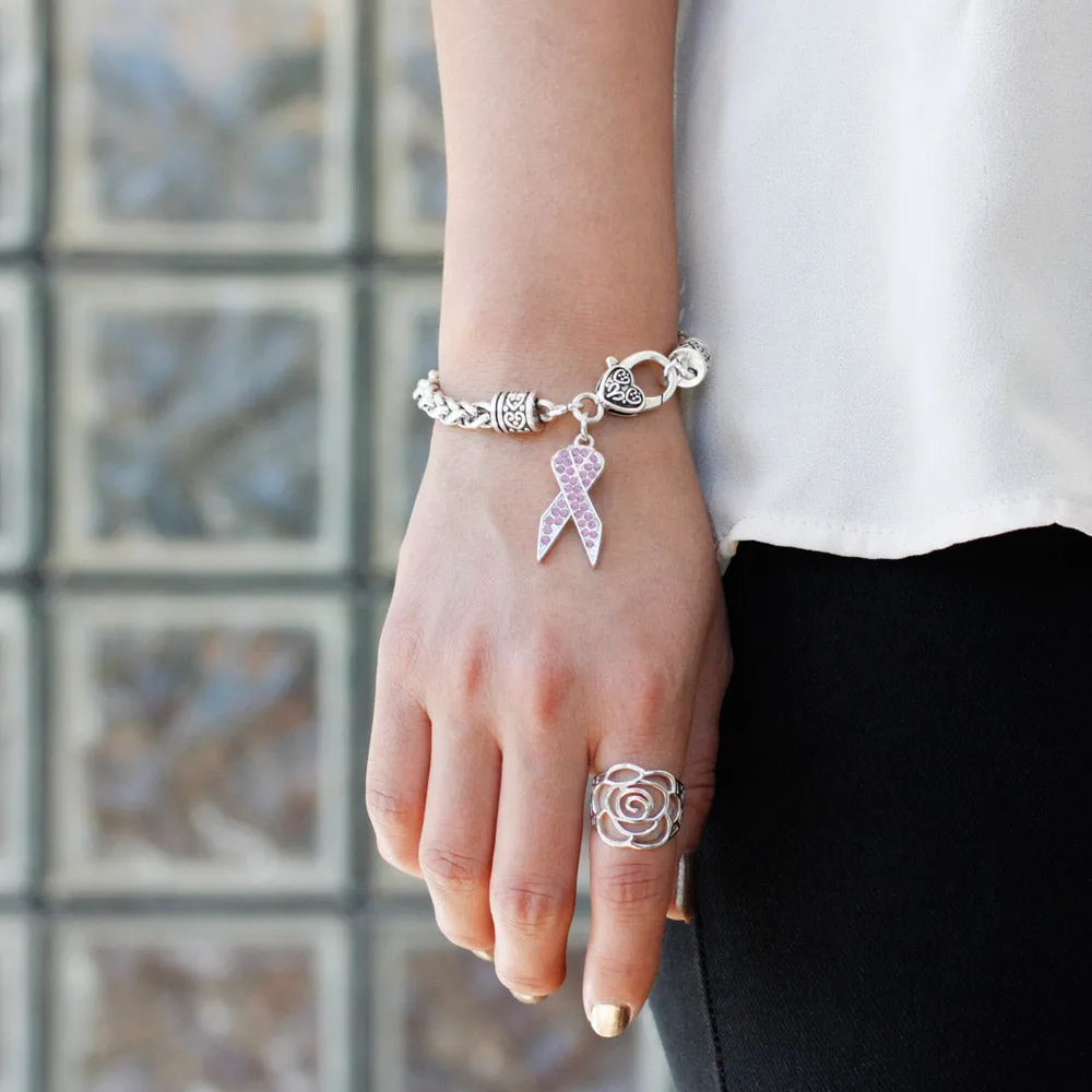 Silver Purple Ribbon Charm Braided Bracelet