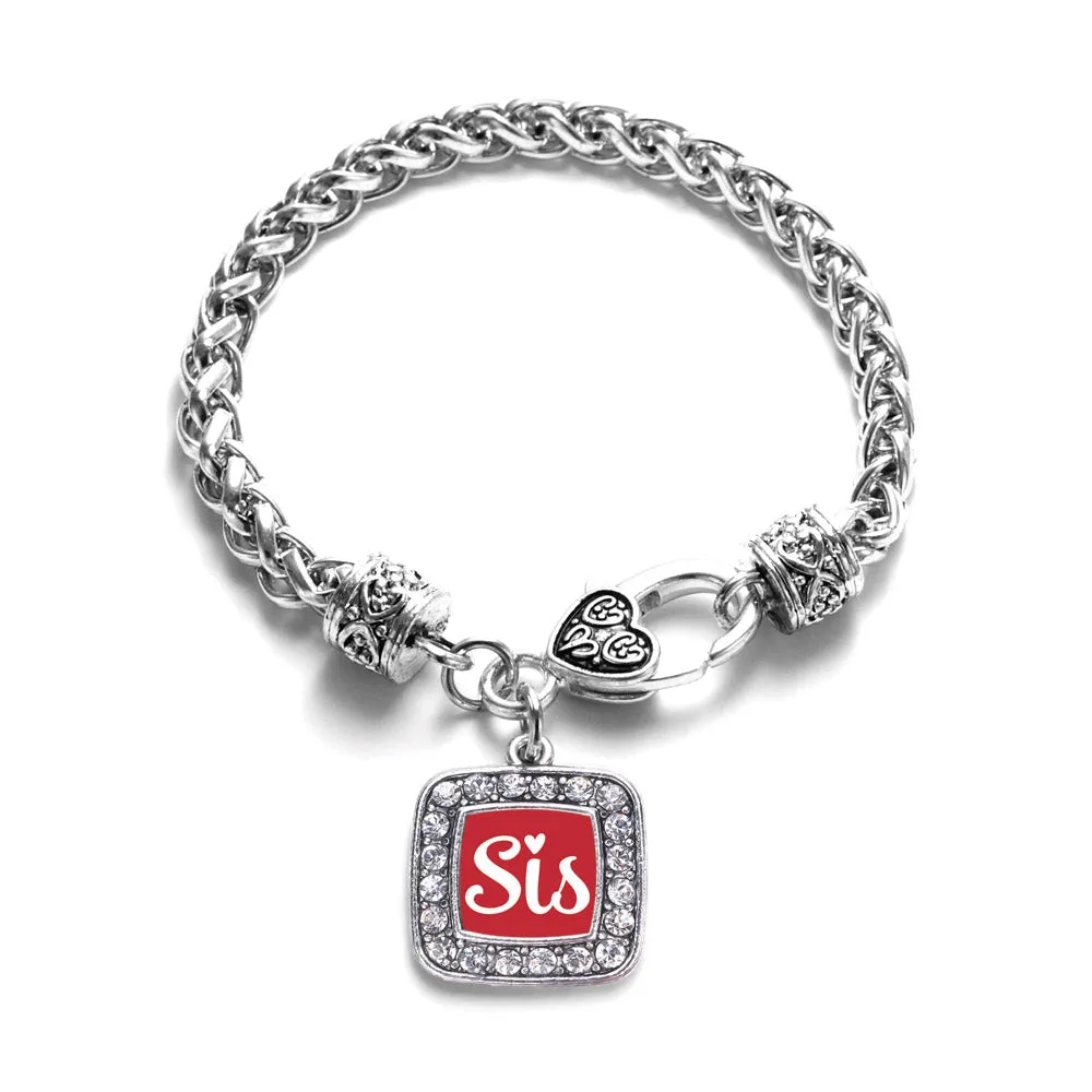 Silver Sis Red Script Square Charm Braided Bracelet