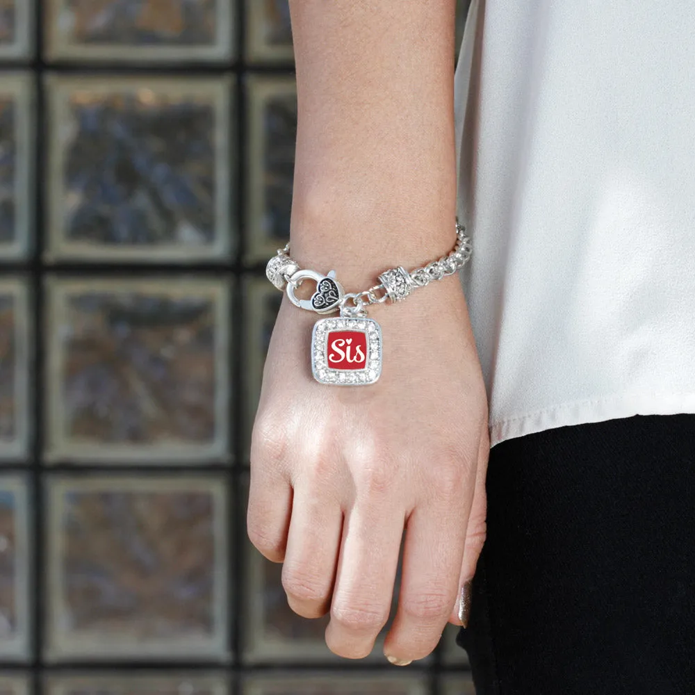 Silver Sis Red Script Square Charm Braided Bracelet
