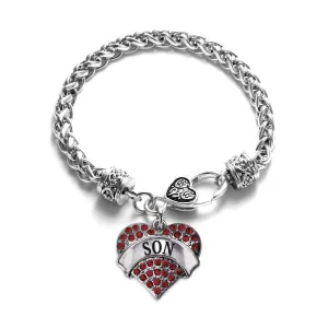 Silver Son Red Red Pave Heart Charm Braided Bracelet
