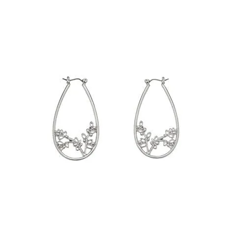 Silvertone Oval Cutout Floral Hoop Earrings