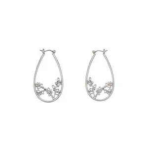 Silvertone Oval Cutout Floral Hoop Earrings