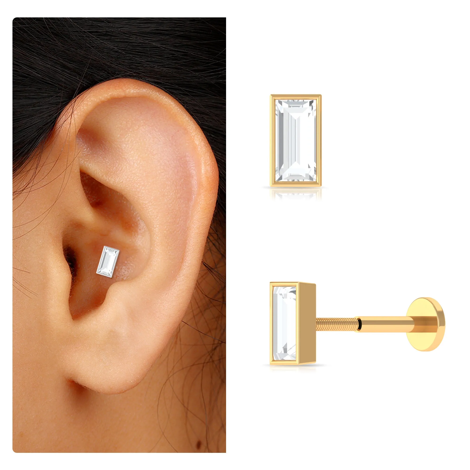 Simple Baguette Moissanite Earring for Tragus Piercing