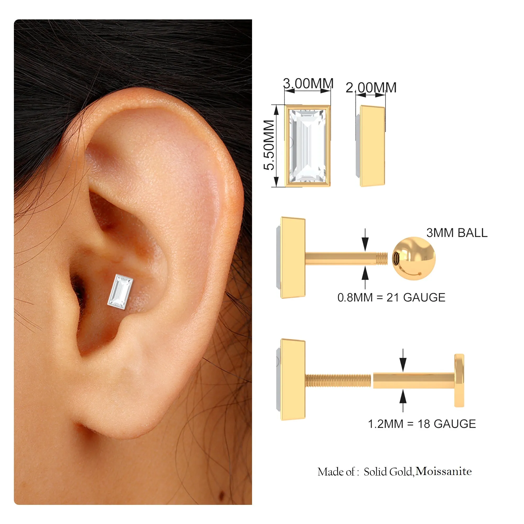 Simple Baguette Moissanite Earring for Tragus Piercing