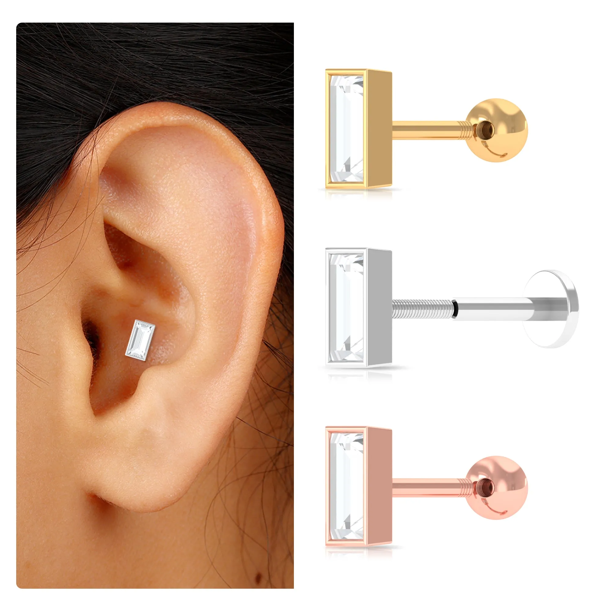 Simple Baguette Moissanite Earring for Tragus Piercing