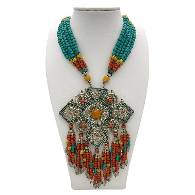 Statement Necklace with Nepal Plaque and Beaded Fringes