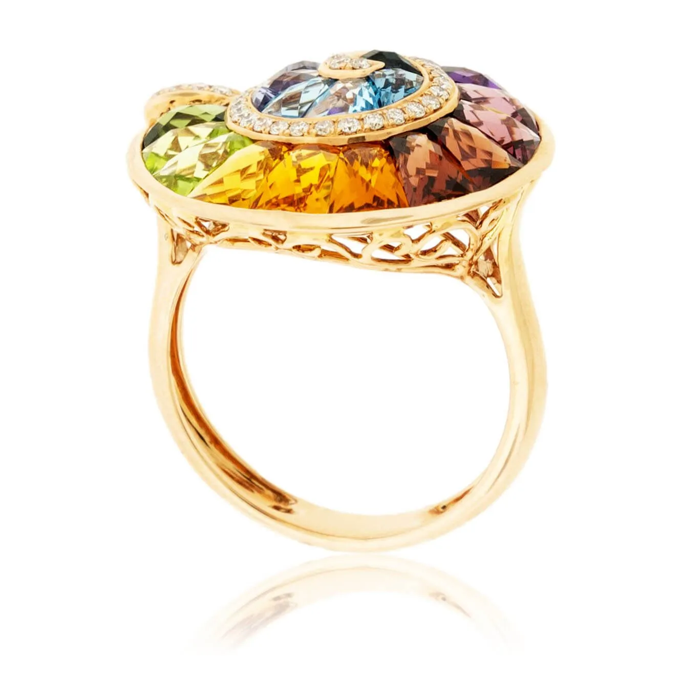 Step Cut Mixed Gemstone Ammonite Shape Rainbow Ring
