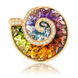 Step Cut Mixed Gemstone Ammonite Shape Rainbow Ring