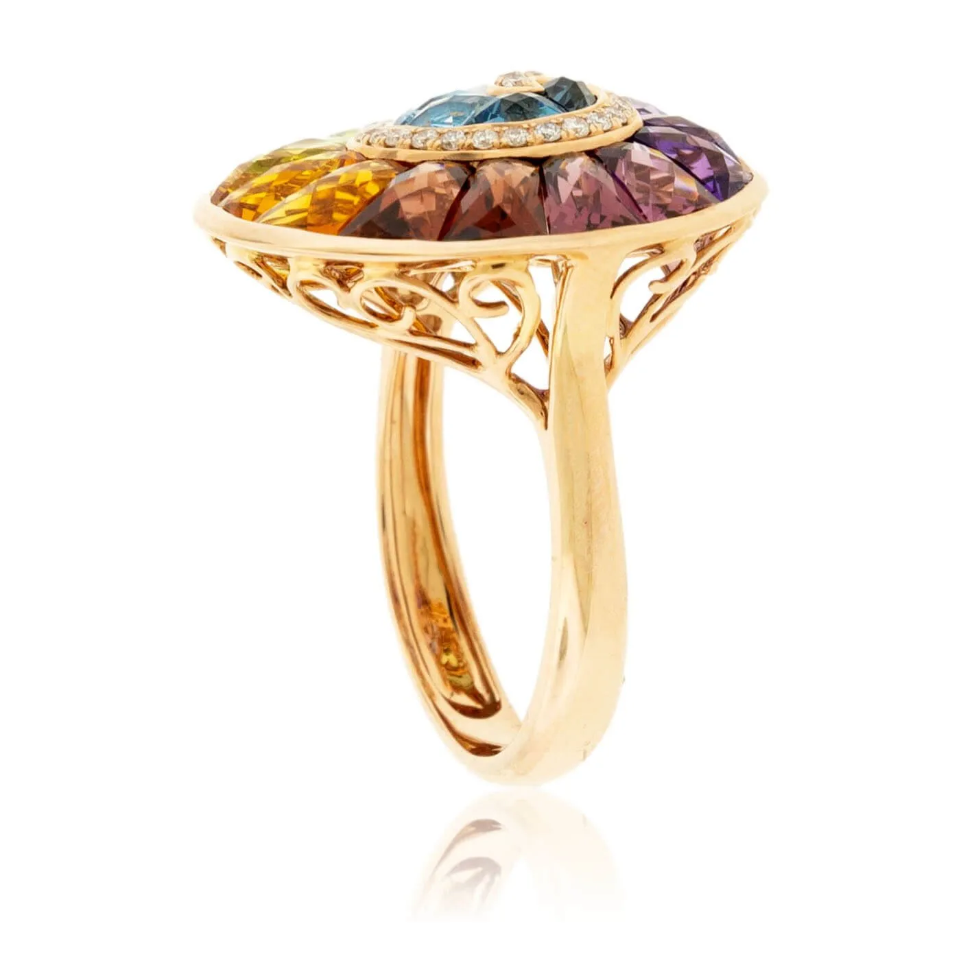 Step Cut Mixed Gemstone Ammonite Shape Rainbow Ring