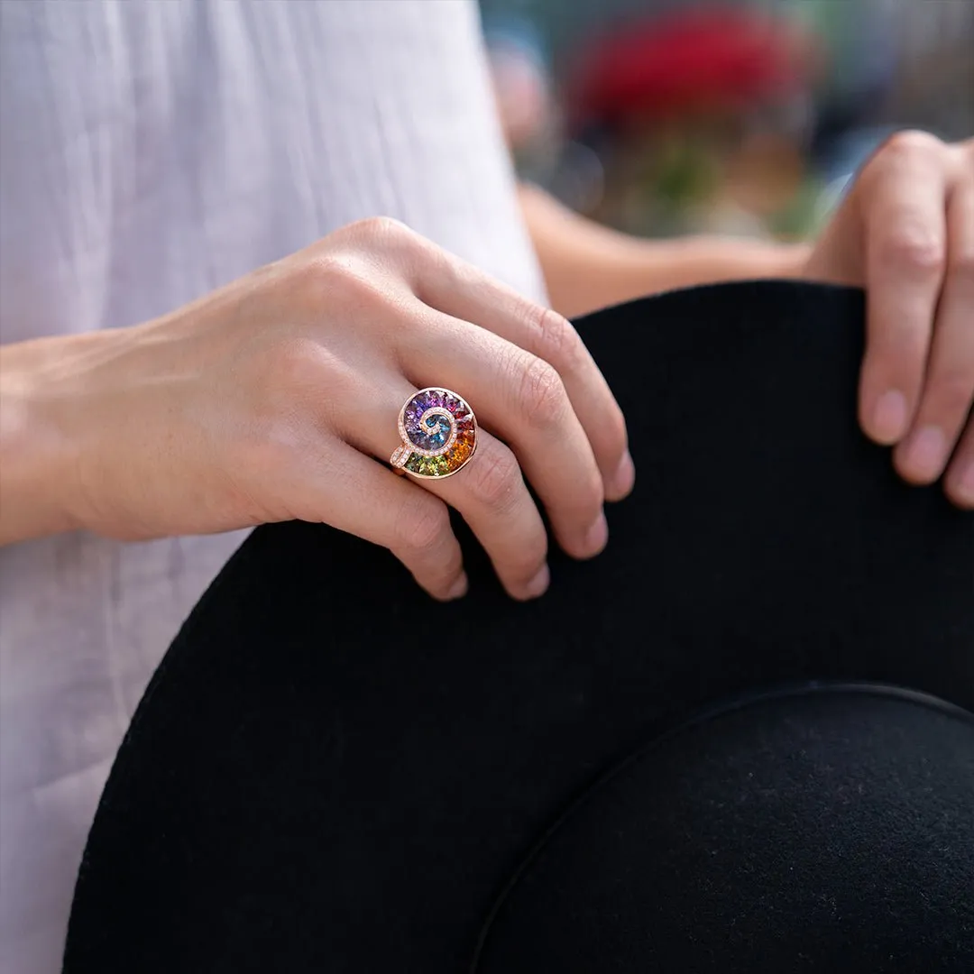 Step Cut Mixed Gemstone Ammonite Shape Rainbow Ring