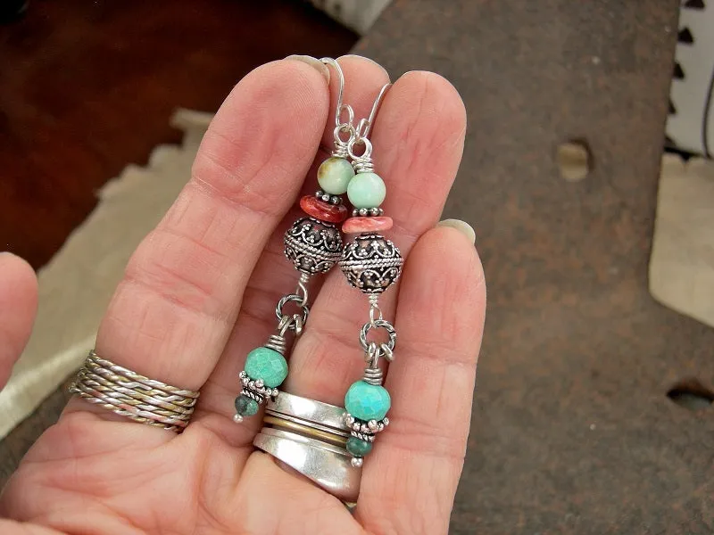 Sterling & Colorful Gemstone Earrings, Turquoise, Spiny Oyster Shell