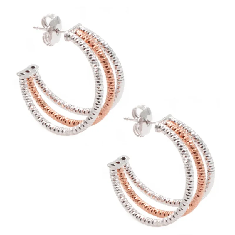 STERLING SILVER ROSE GOLD PLATED THREE ROW HOOP EARRINGS