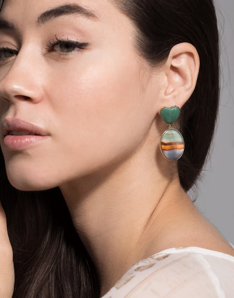 Stripe Agate and Jade Heart Earrings
