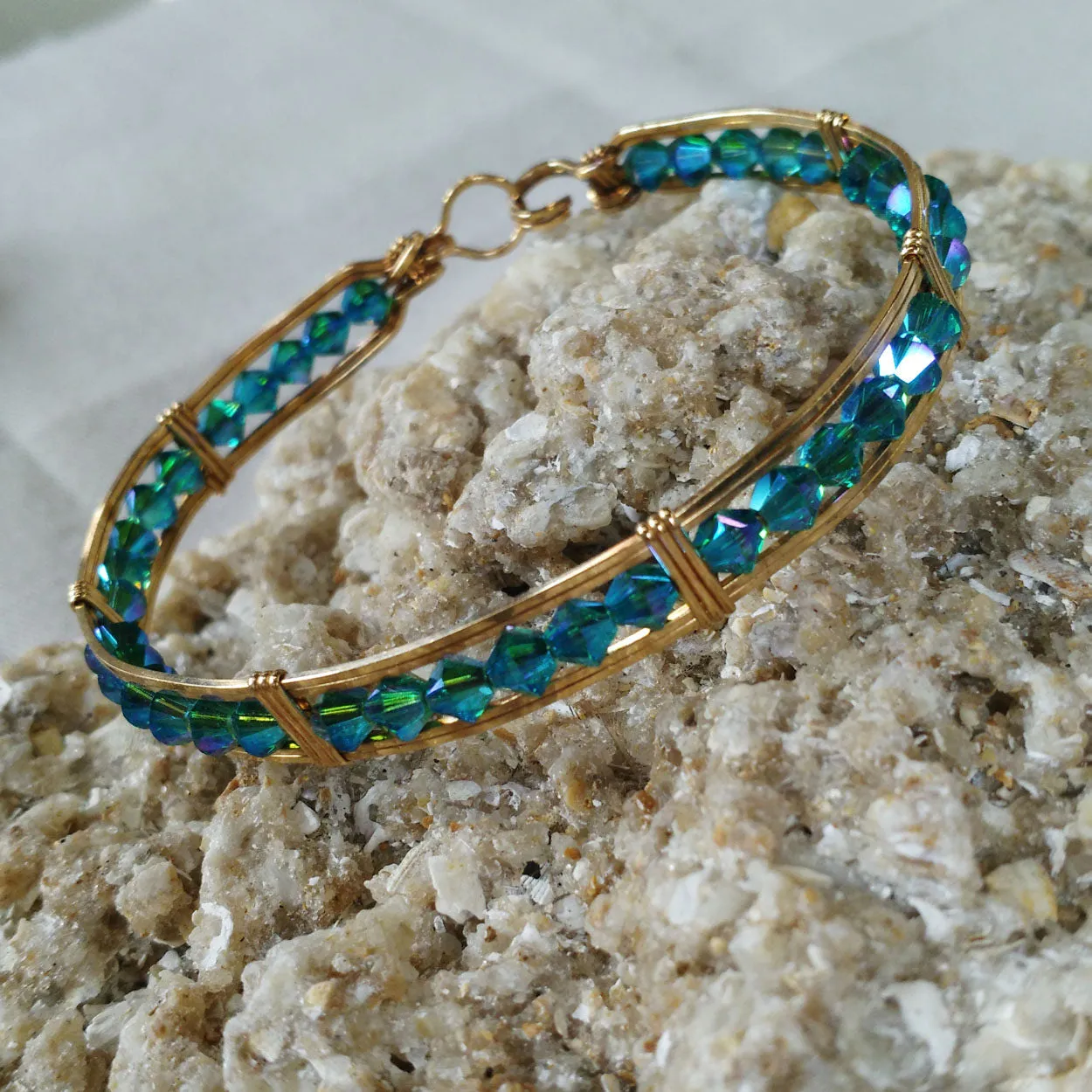 Swarovski Crystal Blue Gold Filled Wire Wrapped Bracelet