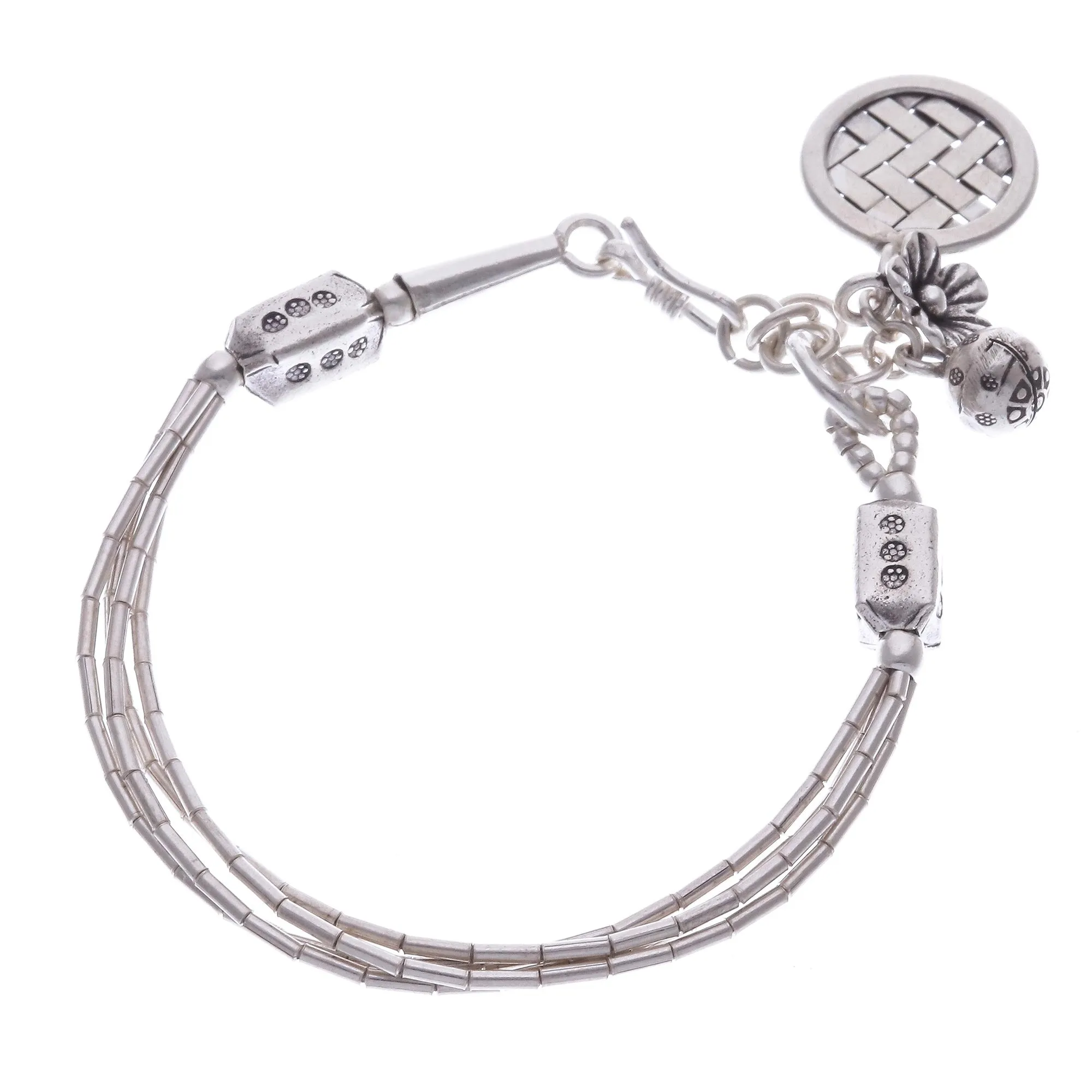 Thai Karen Hill Tribe Silver Beaded Floral Charm Bracelet - Floral Weave | NOVICA