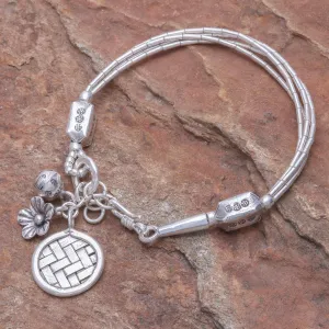 Thai Karen Hill Tribe Silver Beaded Floral Charm Bracelet - Floral Weave | NOVICA