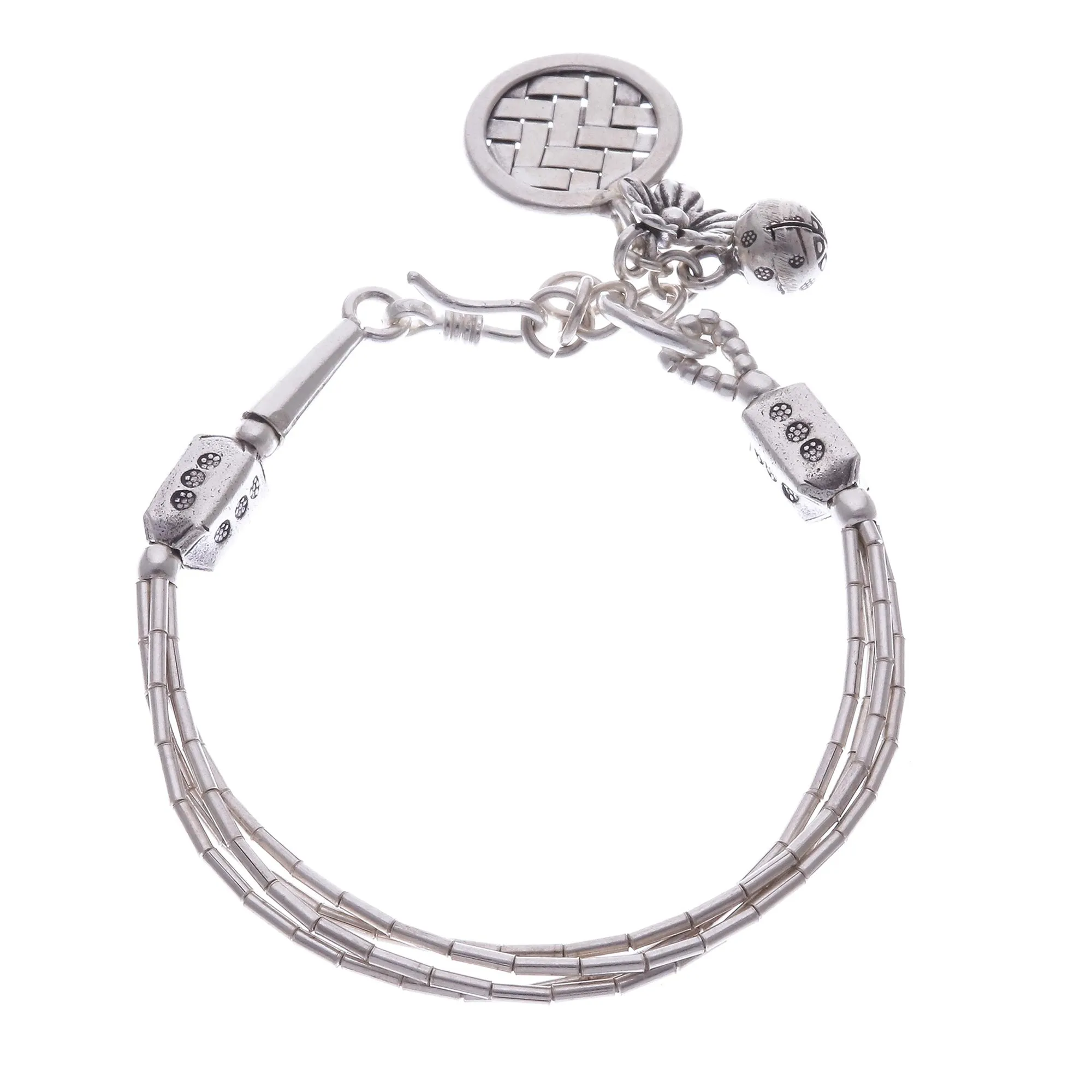 Thai Karen Hill Tribe Silver Beaded Floral Charm Bracelet - Floral Weave | NOVICA