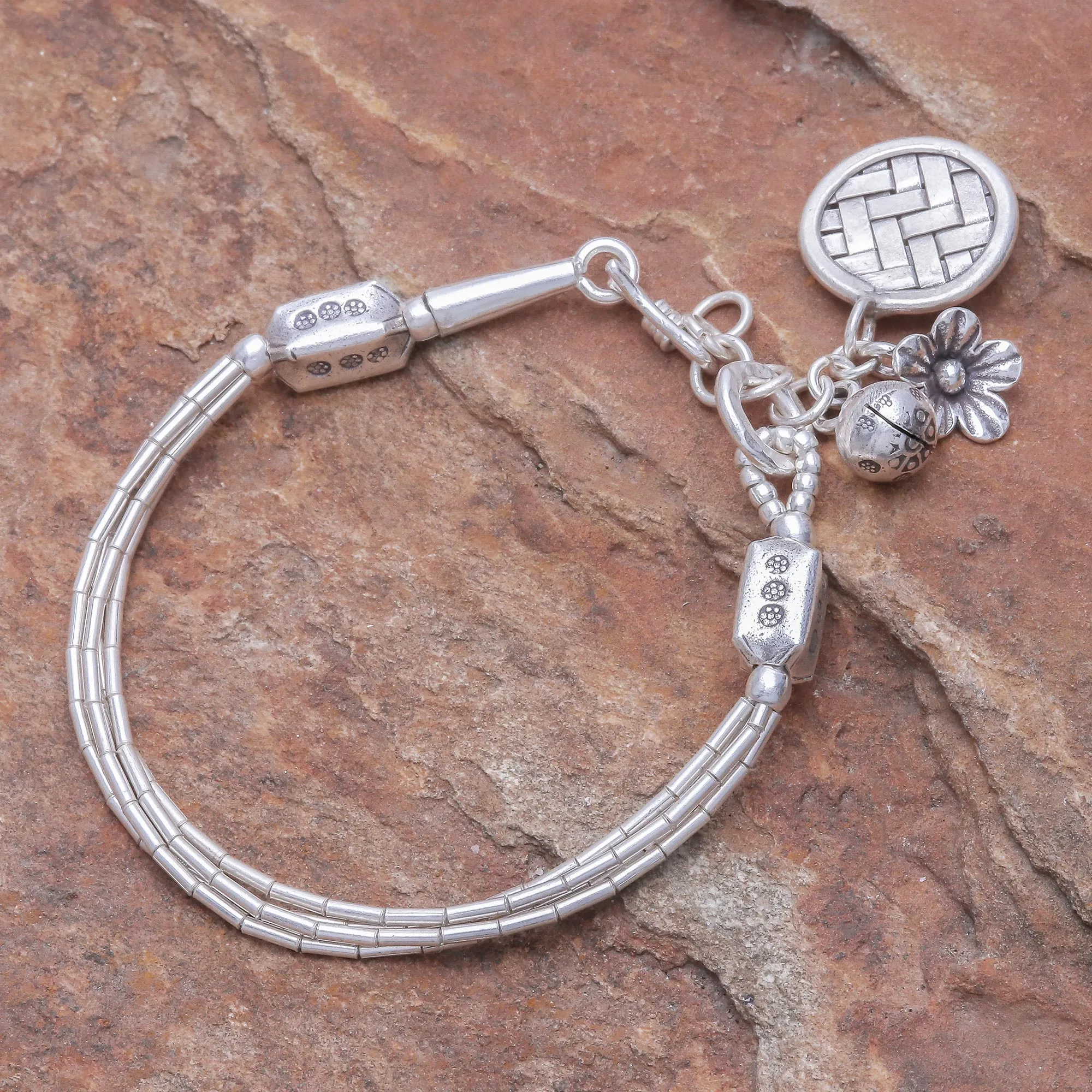 Thai Karen Hill Tribe Silver Beaded Floral Charm Bracelet - Floral Weave | NOVICA